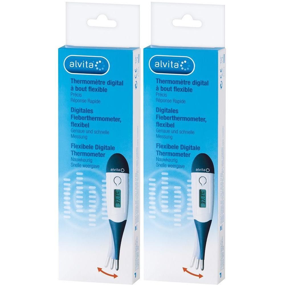 Zwei Thermometer in Verpackung. Blaue Schachtel mit Produktinformationen und Marke "alvita". Digitales Fieberthermometer.