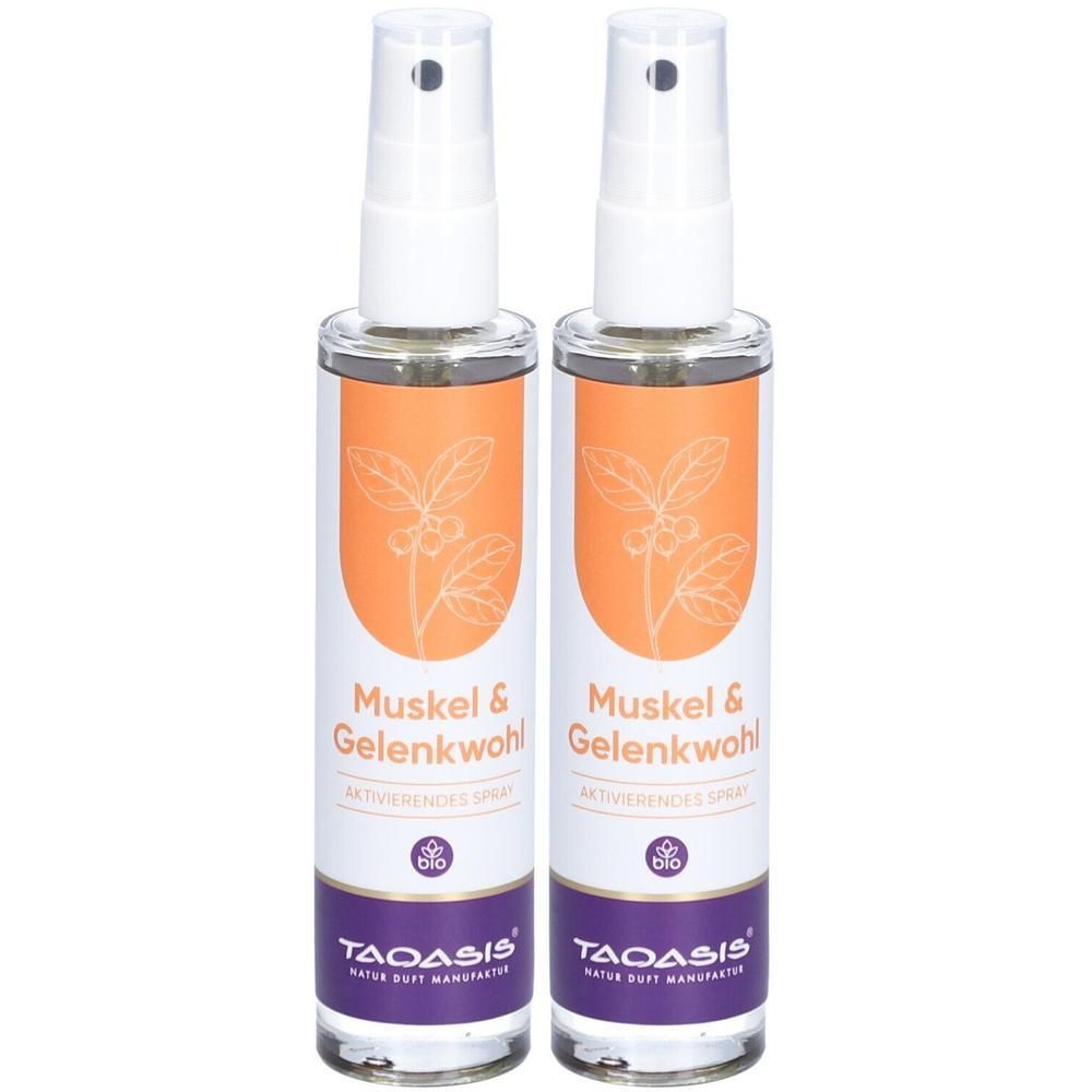 Zwei Sprühflaschen mit weißem Sprühkopf. Aufschrift: Muskel & Gelenkwohl. Orangefarbenes Etikett mit Pflanzenmotiv. Marke: TAOASIS.