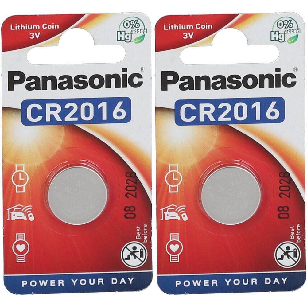 Zwei Batterien Lithium 3V CR2016 in Blisterverpackung. Marke Panasonic, mit Aufdrucken und Haltbarkeitsdatum.