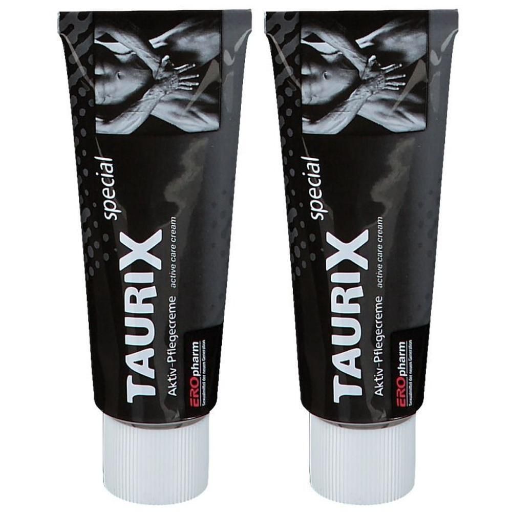 Zwei Tuben mit schwarzem Hintergrund. Auf jeder Tube steht "TAURIX special", darunter "Aktiv-Pflegecreme active care cream". Weiße Kappe.