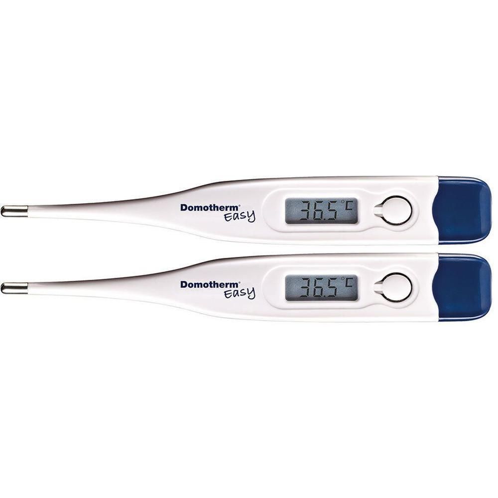 Zwei digitale Fieberthermometer. Weiß mit blauem Ende. Anzeige: 36,5°C. Schriftzug: Domotherm Easy.