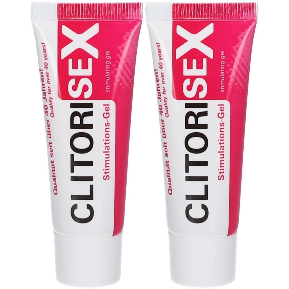 Zwei Tuben mit weißem Boden und pinkfarbenem Oberteil. Aufschrift: CLITORISEX, Stimulations-Gel. Qualität seit über 40 Jahren.