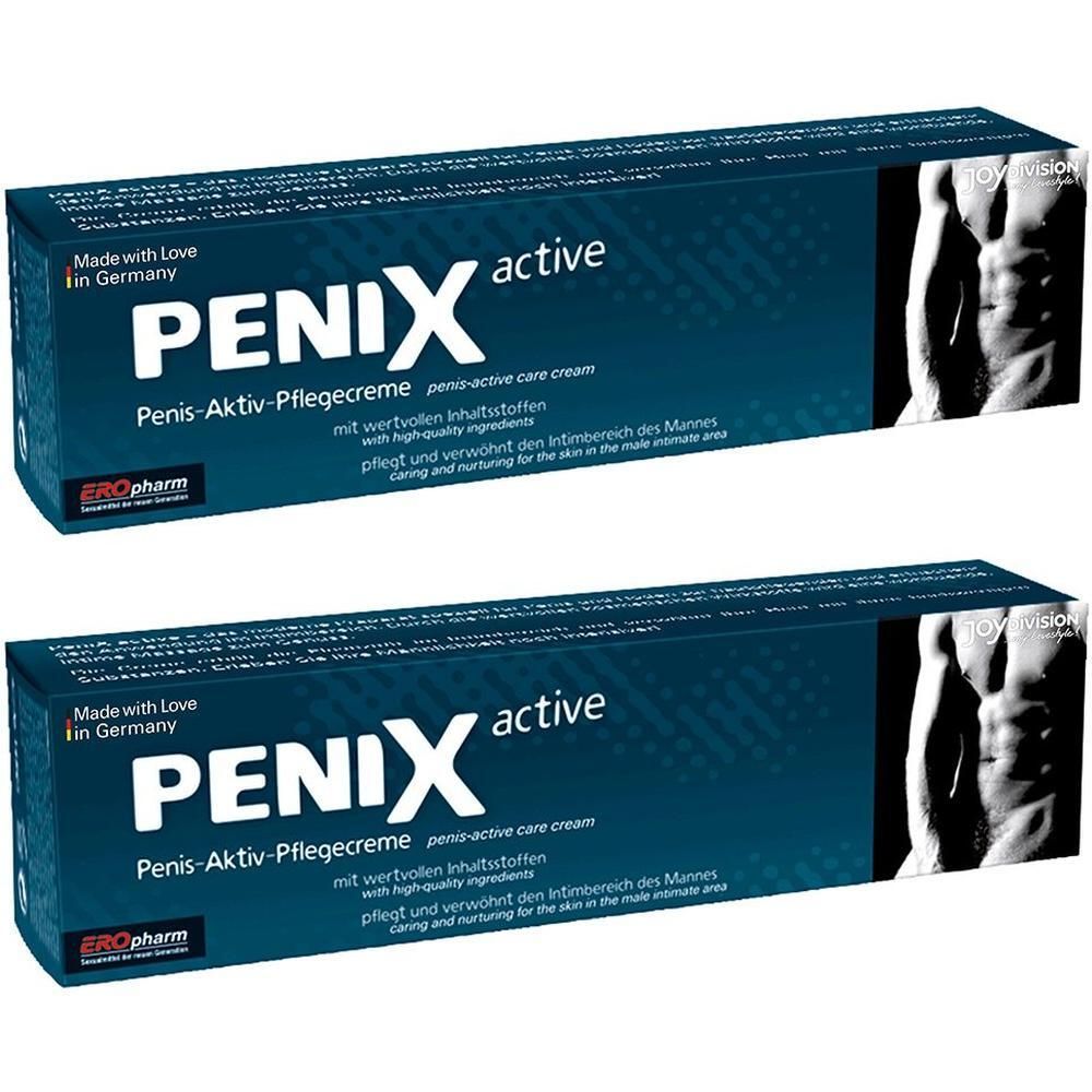 Zwei blaue Tuben mit weißer Schrift. Aufschrift: PENIX active, Penis-Aktiv-Pflegecreme. Logo: ERO Pharm. Abbildung eines Mannes.
