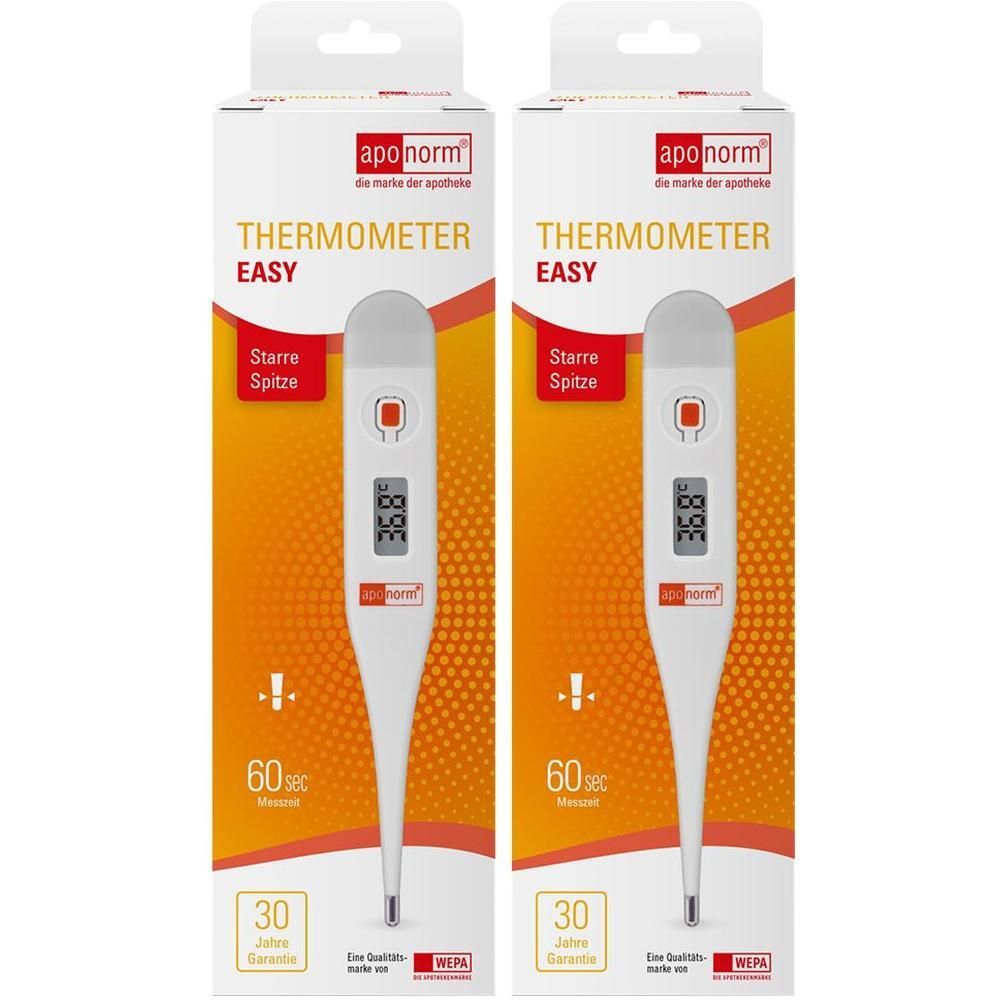 Zwei APONORM Fieberthermometer easy in Verpackung. Weiß, mit digitaler Anzeige, rotem Knopf und grauer Spitze. Verpackung mit Logo und Text.