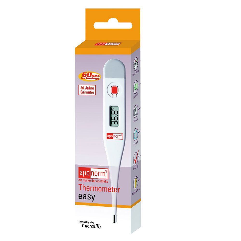 APONORM Fieberthermometer easy in Verpackung. Weiß, mit digitaler Anzeige, rotem Knopf und grauer Spitze. Verpackung mit Logo und Text.