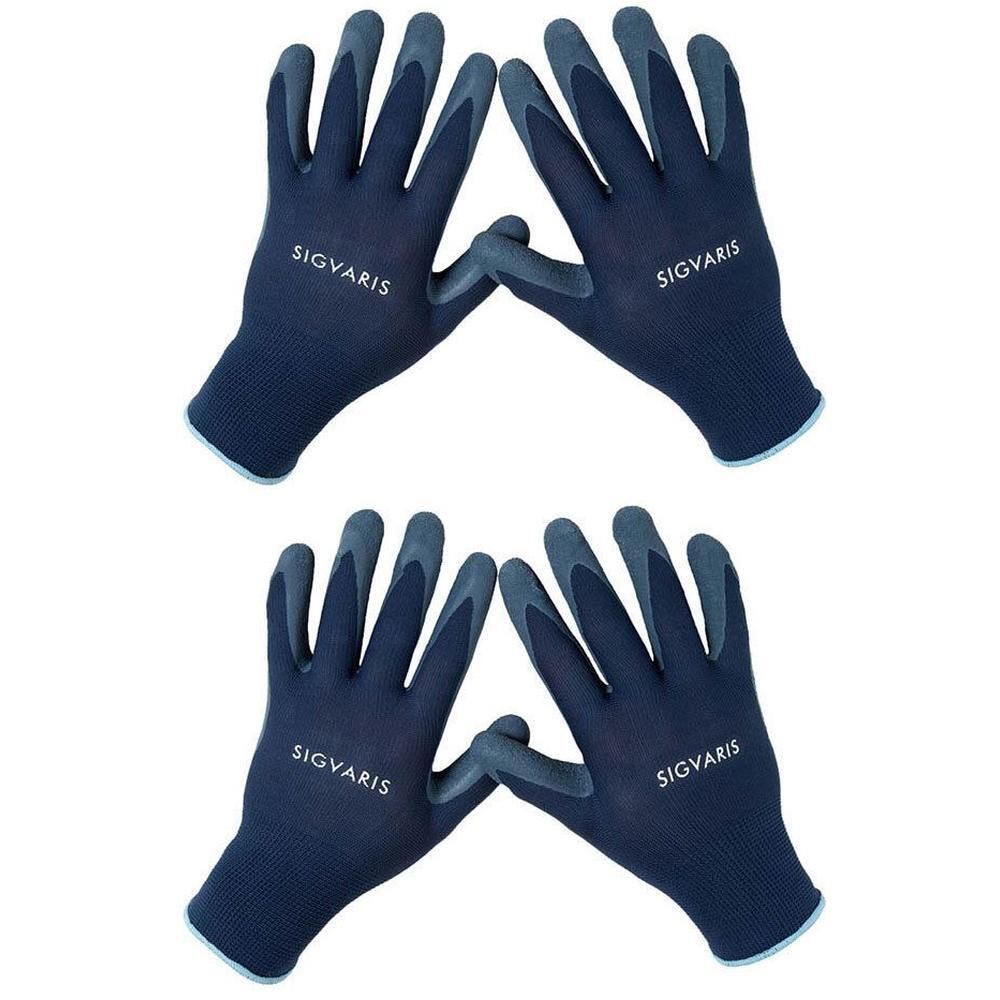 Vier blaue Handschuhe mit grauen Fingerspitzen. Auf jedem Handschuh steht "SIGVARIS".