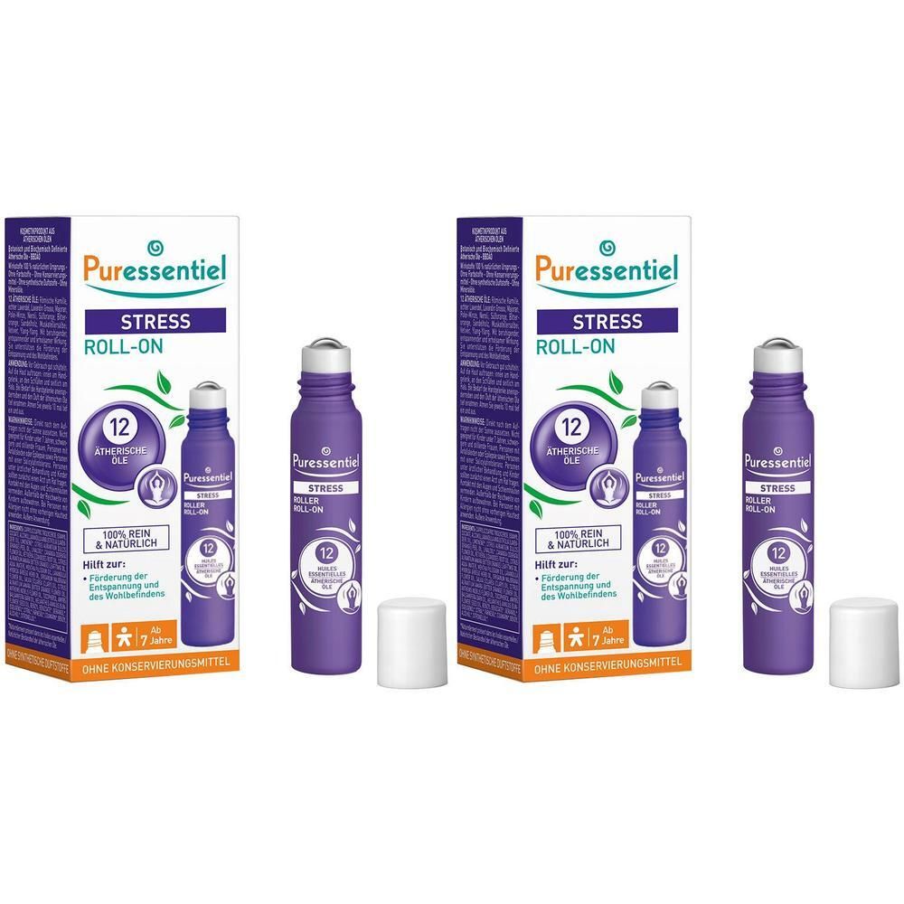 Zwei lila Roll-ons mit weißen Kappen und Verpackungen. Auf der Verpackung steht "Puressentiel Stress Roll-on".