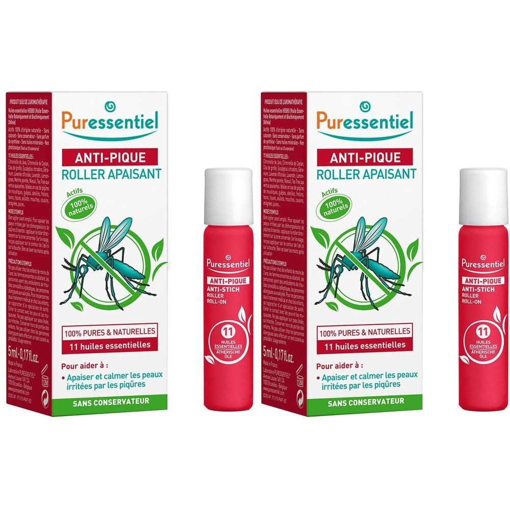 Zwei Packungen und zwei Roll-Ons. Aufschrift: Puressentiel ANTI-PIQUE. Enthält 11 ätherische Öle. Gegen Insektenstiche.