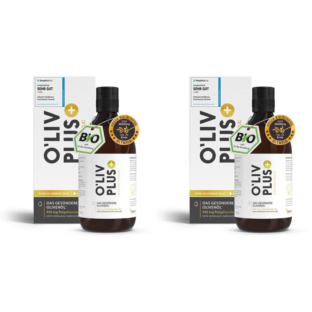 Zwei Flaschen O'Liv PLUS Bio Olivenöl mit Verpackung. Goldene Auszeichnung, Bio-Siegel. Flaschen mit schwarzem Deckel.