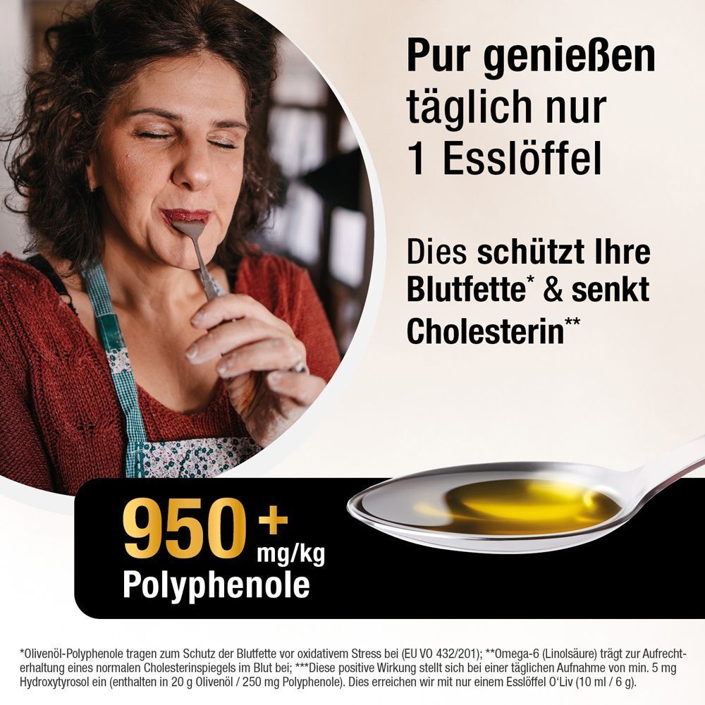 Frau isst einen Löffel Olivenöl. Text: Täglich nur 1 Esslöffel. Schützt Blutfette & senkt Cholesterin. 950+ mg/kg Polyphenole.