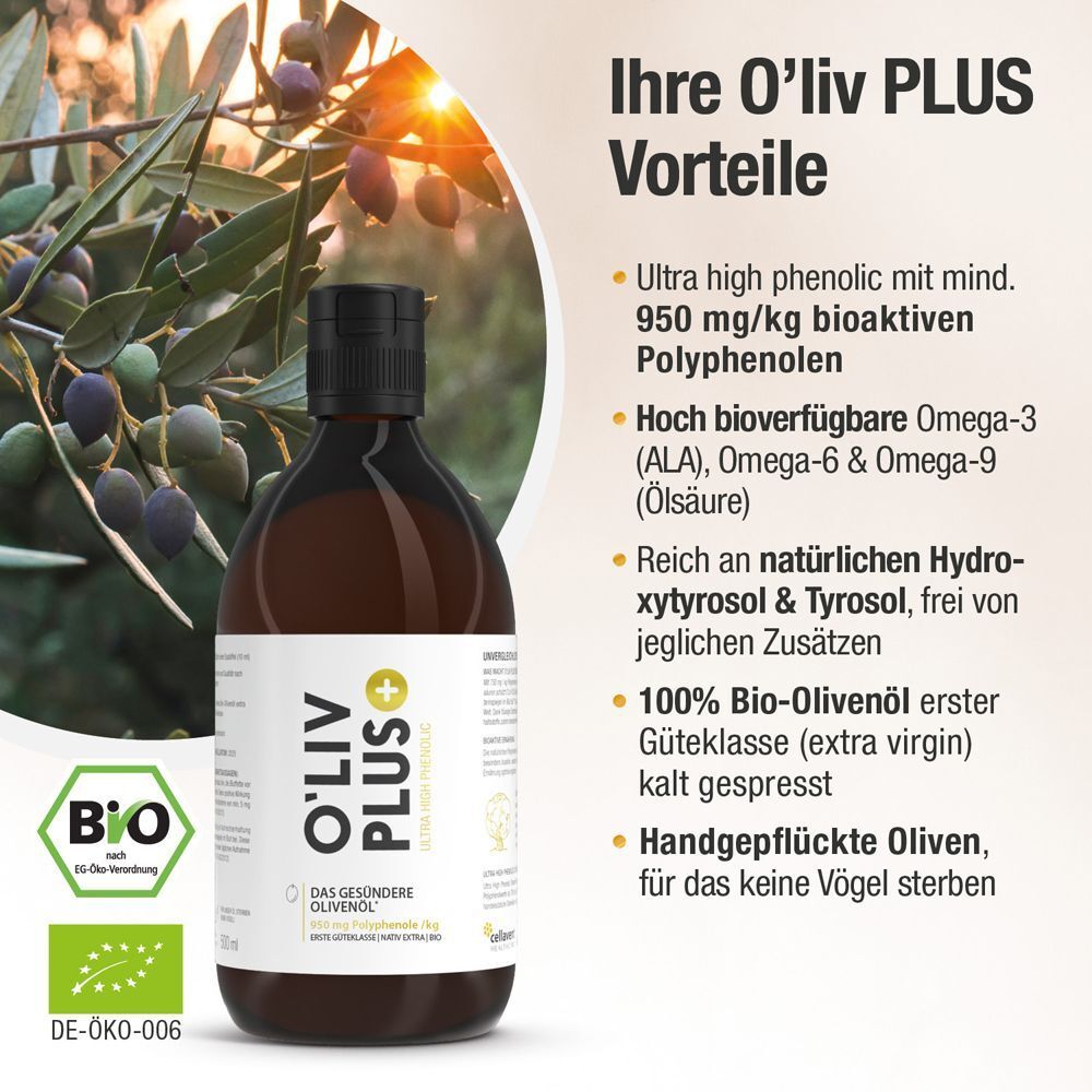 Flasche O'Liv PLUS Bio Olivenöl. Bio-Siegel. Text: Ultra High Phenolic, 950 mg/kg Polyphenole. Omega-3, -6, -9. Hydroxytyrosol & Tyrosol.