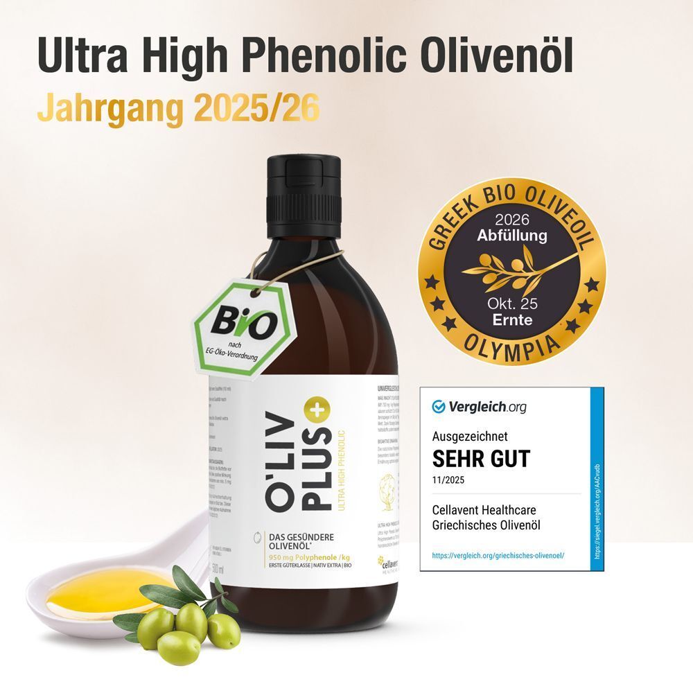 Flasche O'Liv PLUS Olivenöl. Jahrgang 2025/26. Auszeichnung: Sehr Gut. Griechisches Bio Olivenöl. Goldene Auszeichnung.