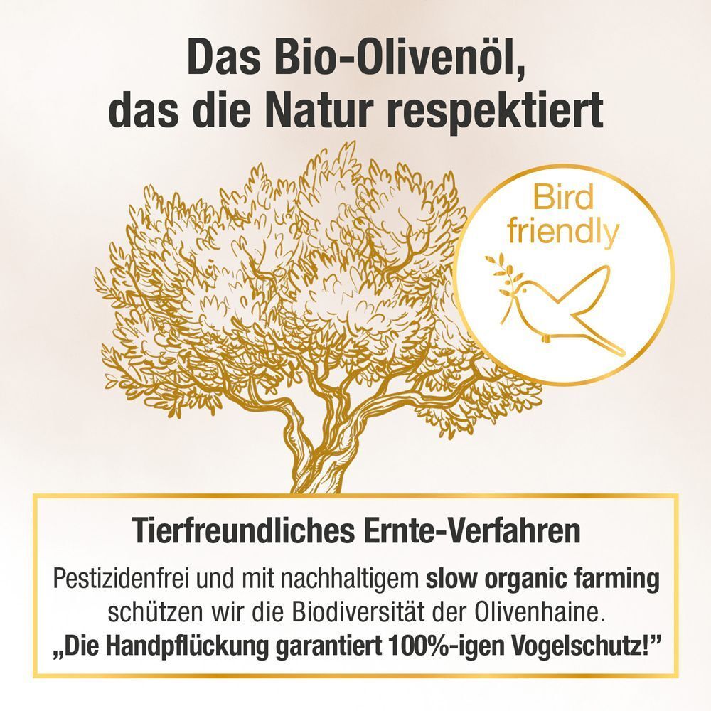 Text: Das Bio-Olivenöl, das die Natur respektiert. Baum-Illustration. Bird friendly. Tierfreundliches Ernte-Verfahren.