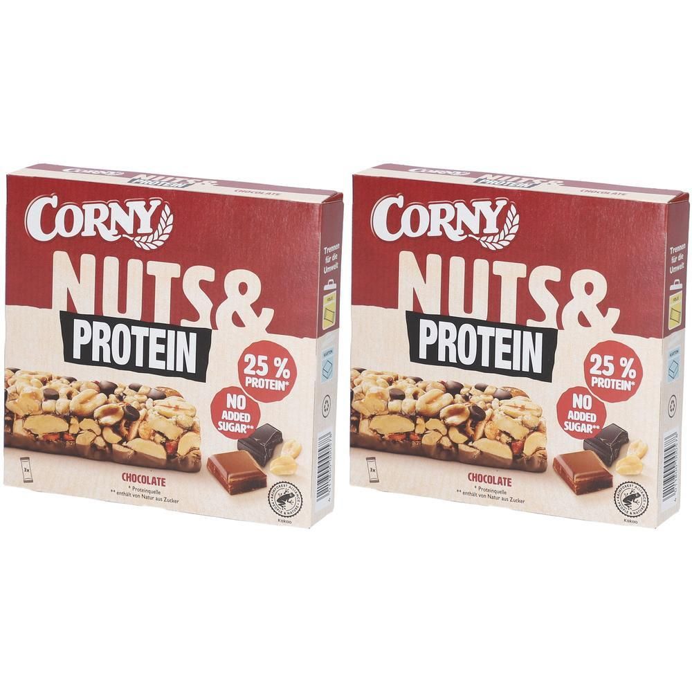 Zwei Schachteln Corny Nuts & Protein. Aufschrift: 25% Protein, ohne Zuckerzusatz. Abgebildet: Schokoriegel mit Nüssen.