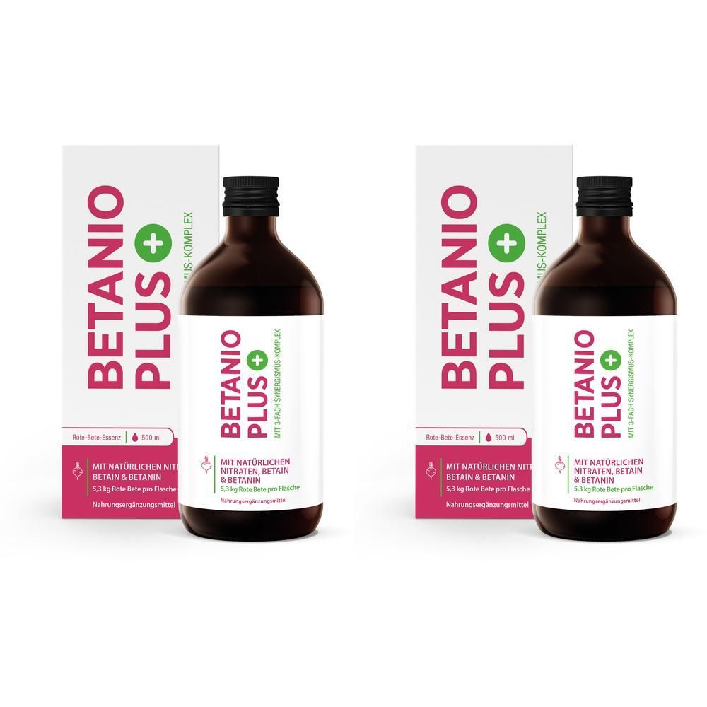Zwei Flaschen Betanio PLUS Bio Rote Bete Saft Konzentrat mit Verpackung. Braune Flaschen, weiße Etiketten, rosa Akzente.