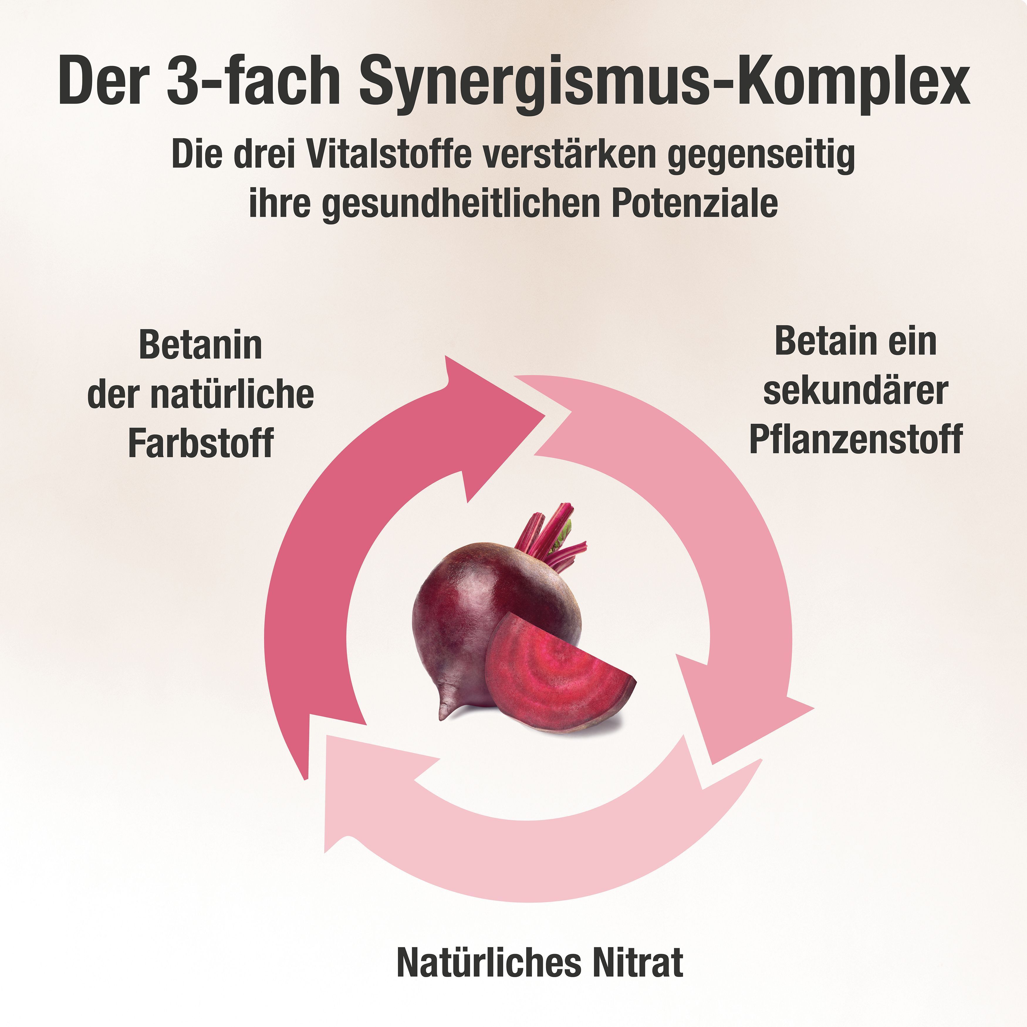 Grafik: 3-fach Synergismus-Komplex. Pfeile um Rote Bete, Betanin, Betain und natürliches Nitrat. Rosa Farbtöne.