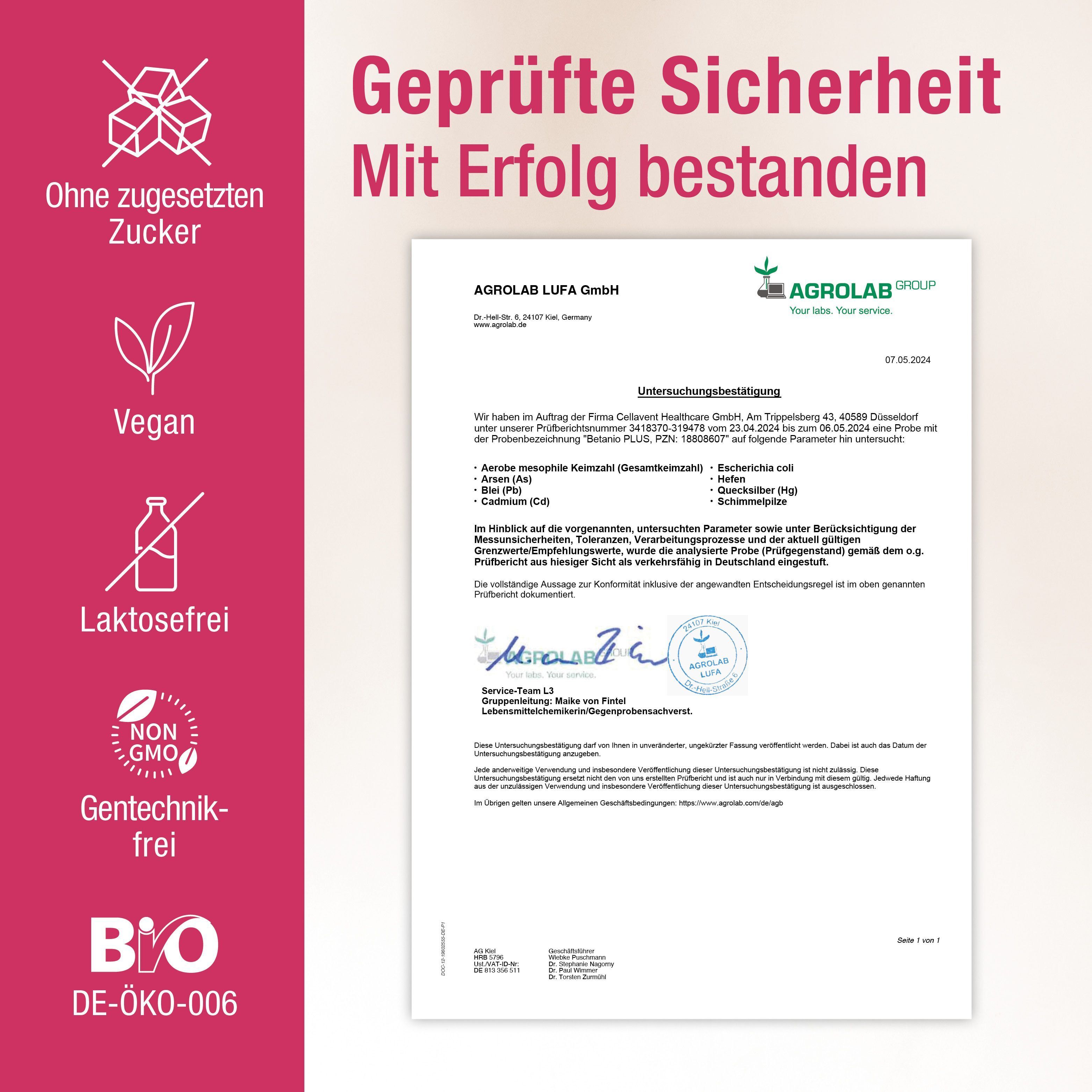 Zertifikate und Siegel. Text: Geprüfte Sicherheit. Ohne Zucker, vegan, laktosefrei, gentechnikfrei. Bio-Siegel.