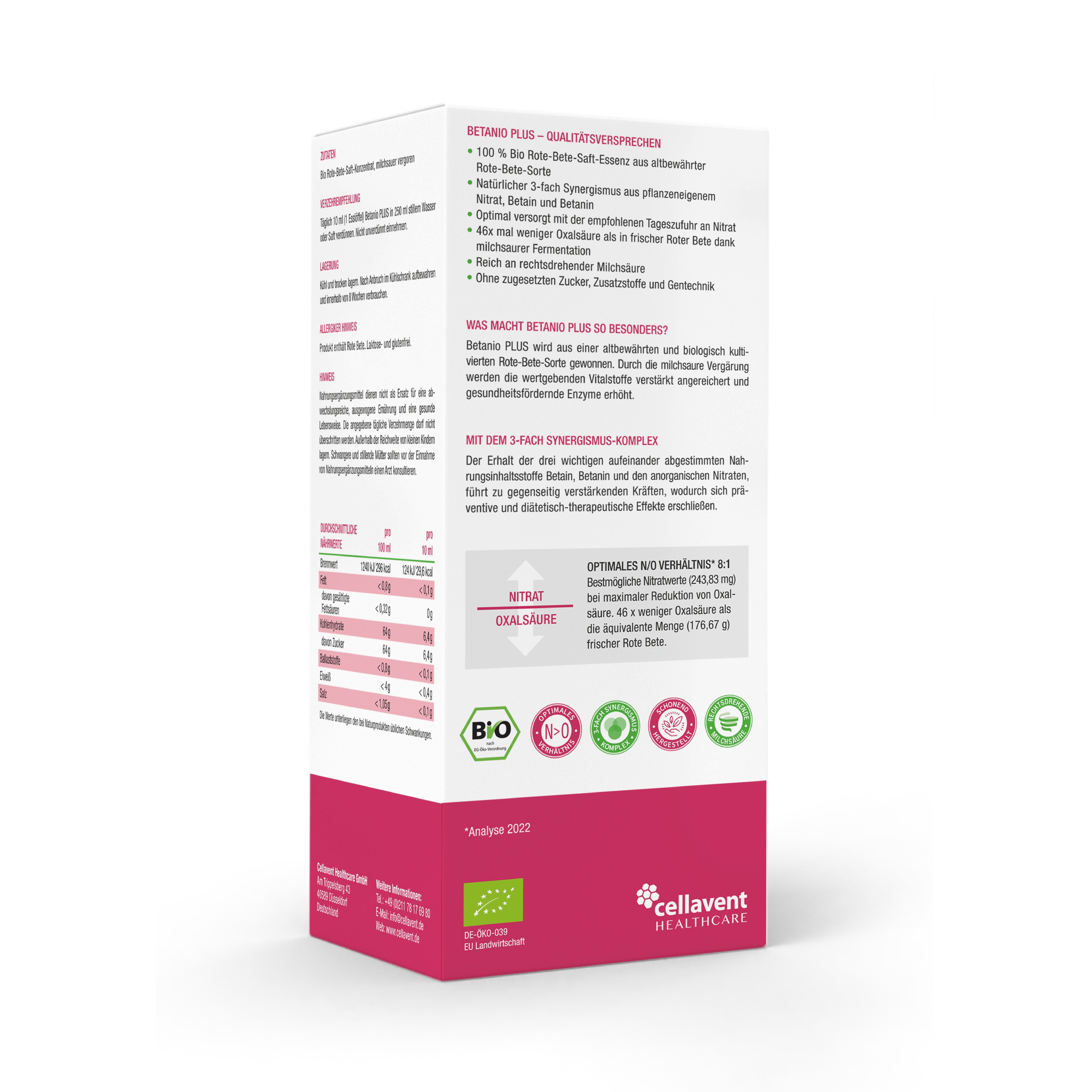 Rückseite der Verpackung. Text: Betanio PLUS - Qualitätsversprechen. Inhaltsstoffe, Nährwerte, Bio-Siegel, Zertifizierungen.