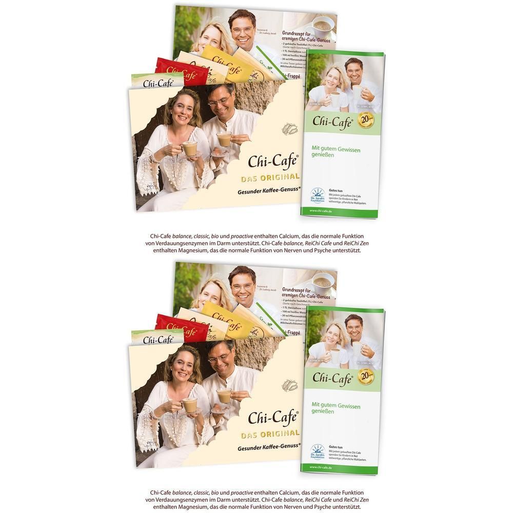 Mehrere Packungen Chi-Cafe Probierpaket. Aufdruck: Chi-Cafe, das Original. Text: Kaffee-Genuss.