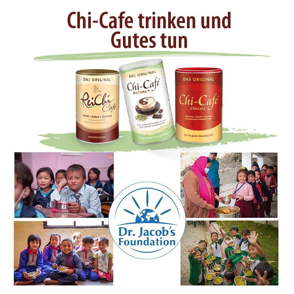 Drei Dosen Chi-Cafe. Text: Chi-Cafe trinken und Gutes tun. Logo: Dr. Jacob's Foundation.