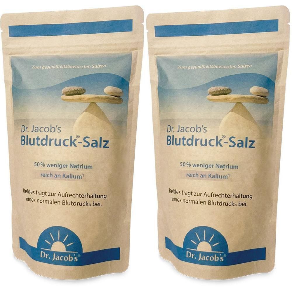 Zwei Beutel Dr. Jacob's Blutdruck-Salz, jeweils mit Waage-Symbol und Produktinformationen.