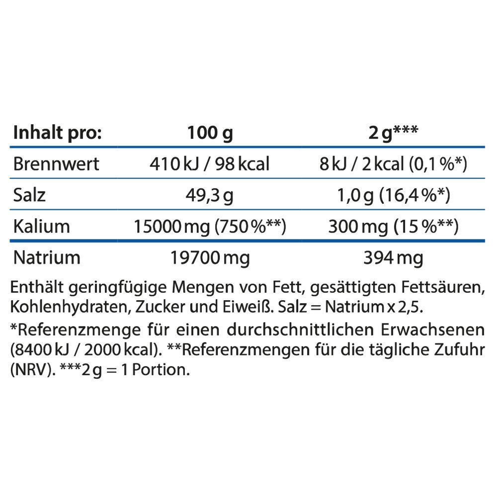 Nährwertangaben für Dr. Jacob's Blutdruck-Salz pro 100g und pro Portion.