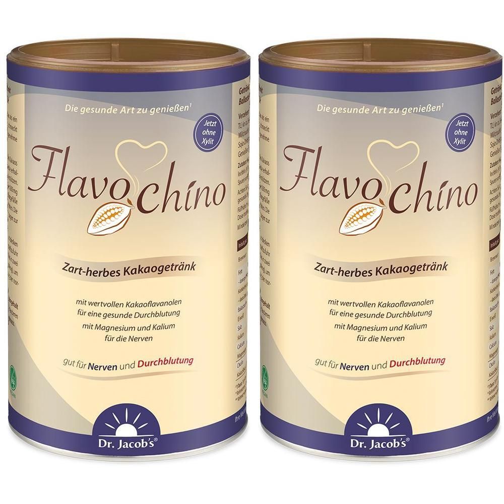 Zwei Dosen FLAVOCHINO Dr. Jacob's. Aufschrift: Zart-herbes Kakaogetränk. Gut für Nerven und Durchblutung. Mit Kakao-Flavanolen.