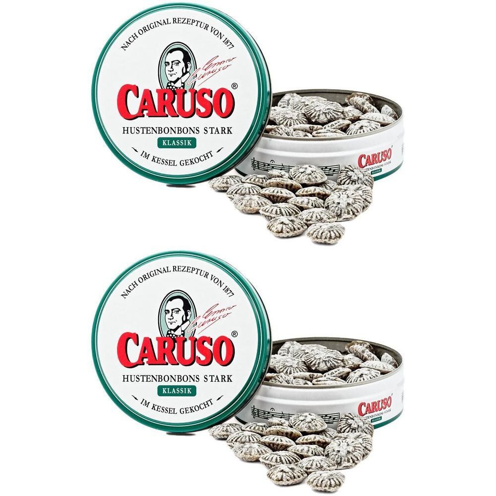 Zwei runde Metalldosen mit Hustenbonbons. Aufschrift: CARUSO Hustenbonbons stark. Bonbons in Muschelform.