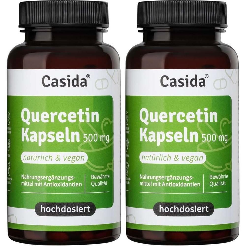 Zwei braune Flaschen mit schwarzen Deckeln. Auf den Etiketten steht "Casida", "Quercetin Kapseln 500 mg", "natürlich & vegan".