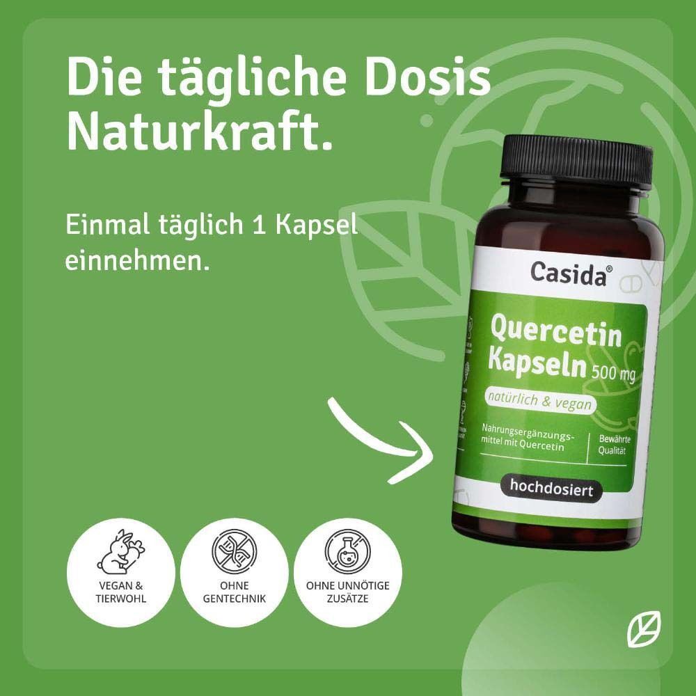 Eine braune Flasche mit schwarzem Deckel. Auf dem Etikett steht "Casida", "Quercetin Kapseln 500 mg", "natürlich & vegan". Text: "Die tägliche Dosis Naturkraft".