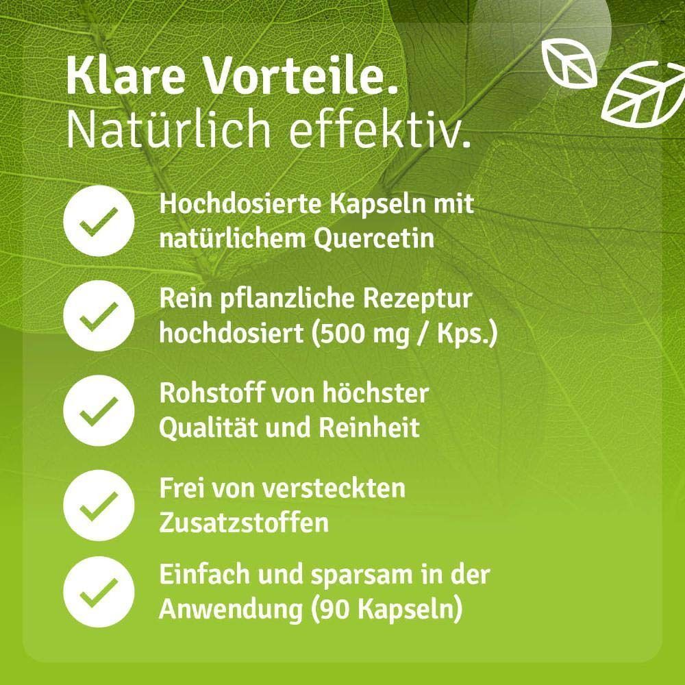 Eine braune Flasche mit schwarzem Deckel. Auf dem Etikett steht "Casida", "Quercetin Kapseln 500 mg", "natürlich & vegan". Text: "Klare Vorteile. Natürlich effektiv".