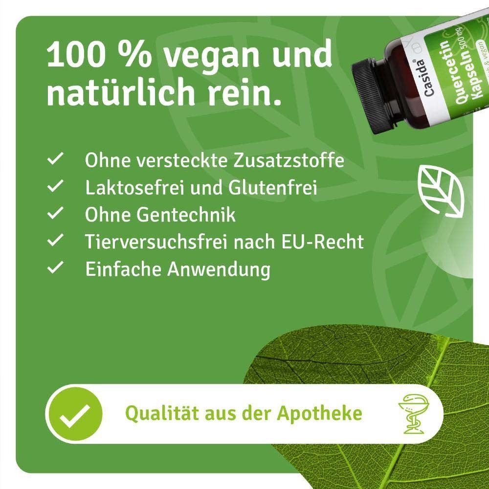 Eine braune Flasche mit schwarzem Deckel. Auf dem Etikett steht "Casida", "Quercetin Kapseln 500 mg", "natürlich & vegan". Text: "100 % vegan und natürlich rein".