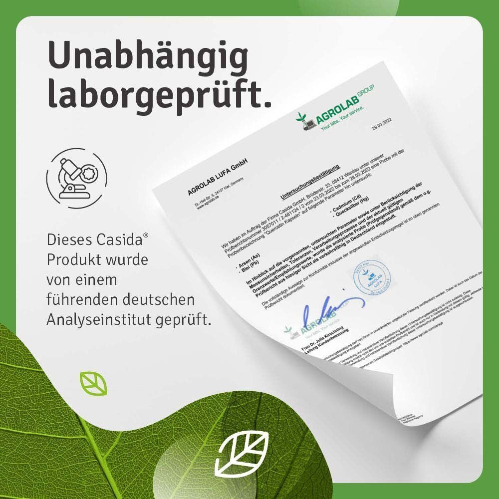 Ein Dokument mit dem Logo von AGROLAB LUFA GmbH. Text: "Unabhängig laborgeprüft". Produkt: Casida Quercetin.