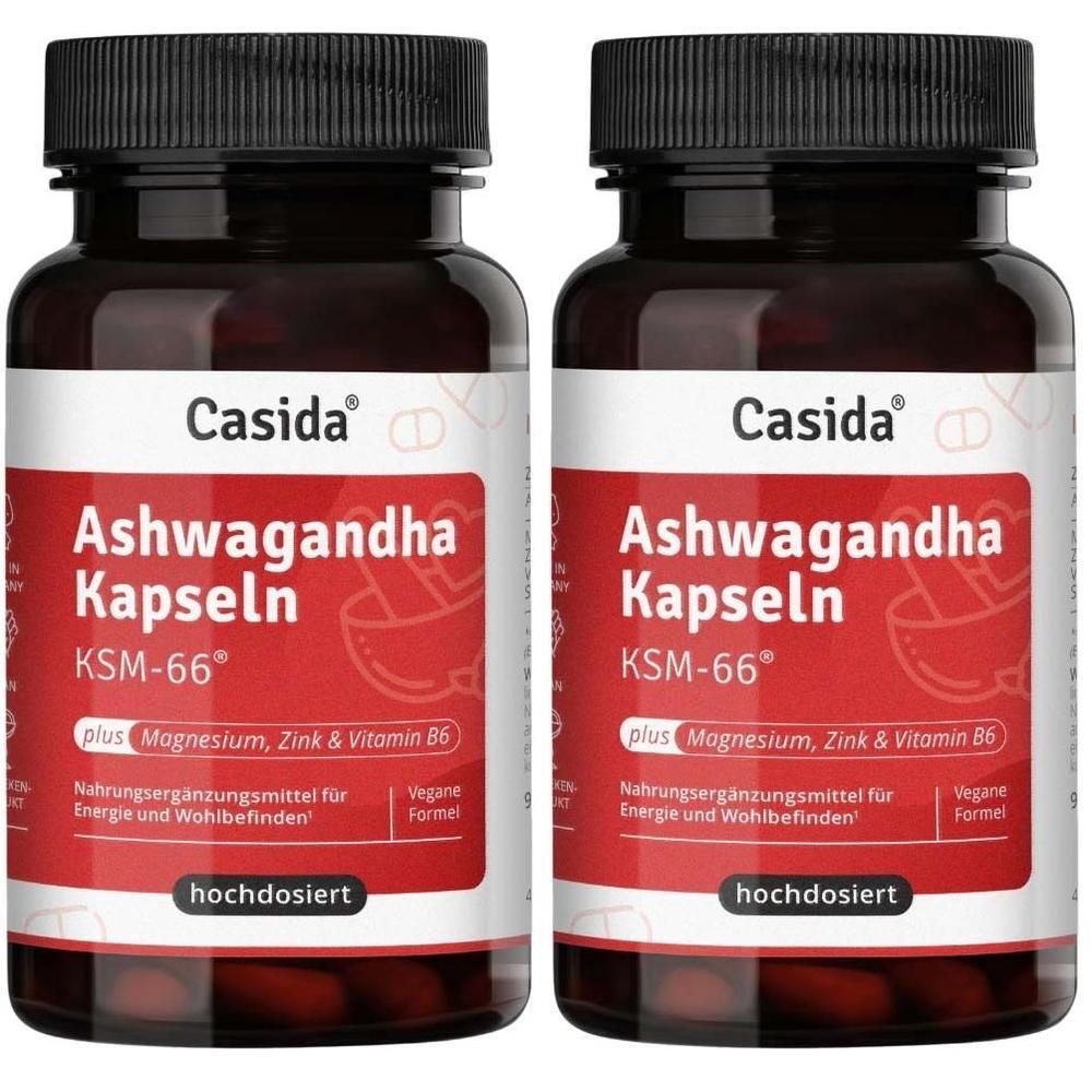 Zwei Flaschen mit schwarzen Deckeln. Auf jeder Flasche steht "Ashwagandha Kapseln KSM-66".