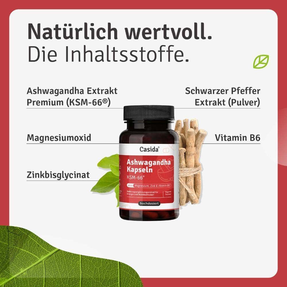Eine Flasche mit Kapseln, daneben Zutaten wie Ashwagandha-Extrakt, Pfeffer, Magnesiumoxid, Zinkbisglycinat, Vitamin B6.
