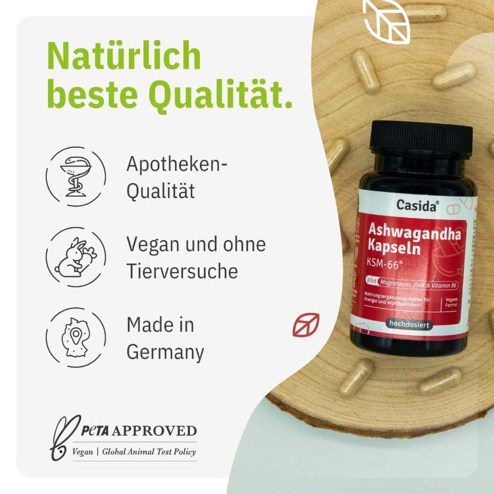 Flasche mit Kapseln auf Holz. Apotheken-Qualität, vegan, ohne Tierversuche, hergestellt in Deutschland. PCTA Approved.