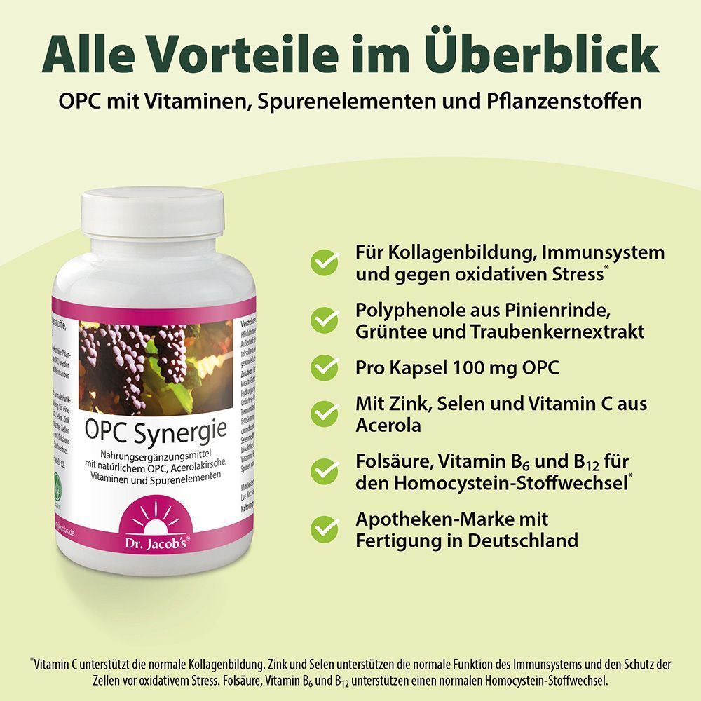 Flasche mit rosa Etikett. Aufschrift: OPC Synergie, Dr. Jacobs. Text: Vorteile im Überblick. Grün, gelb, weiß.