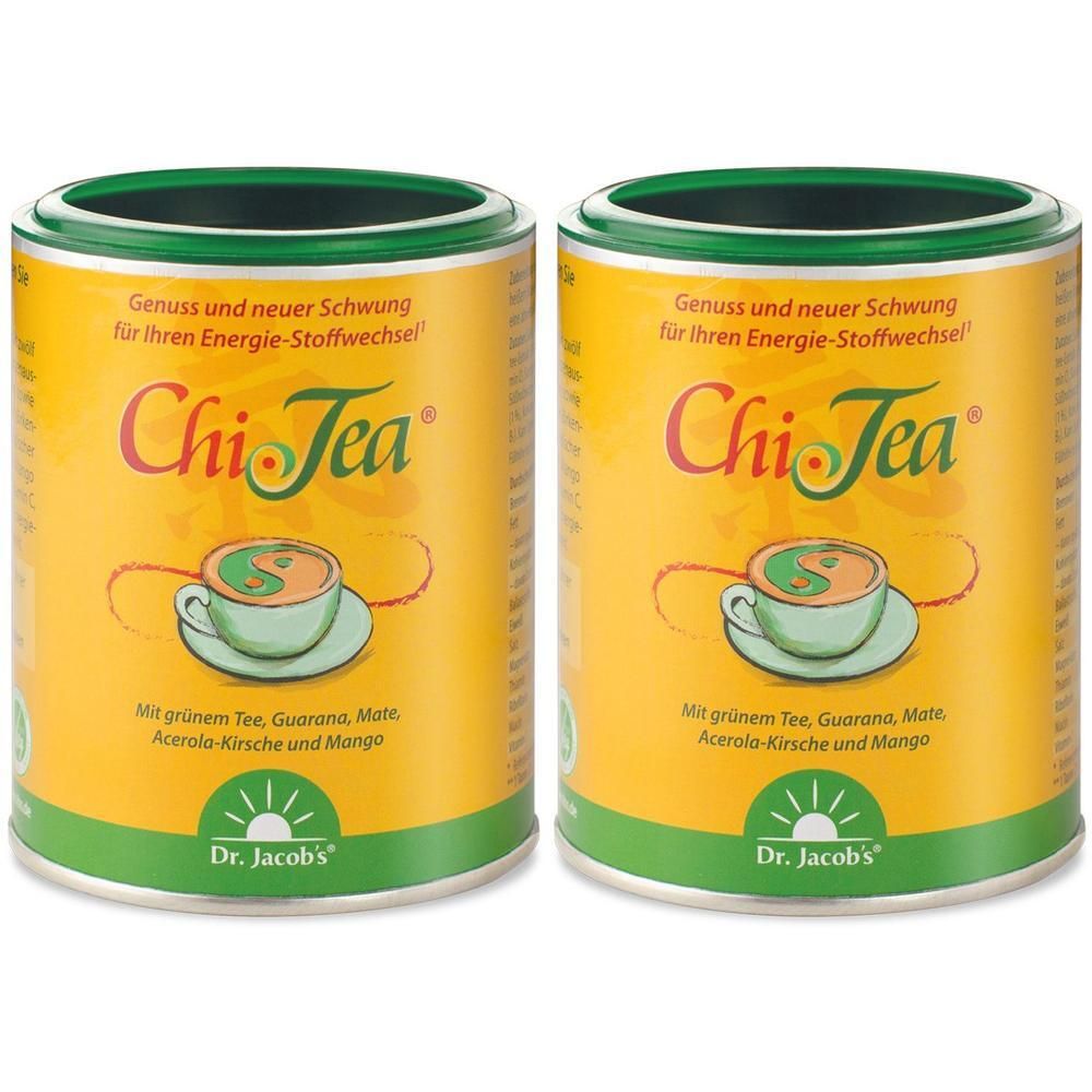 Zwei gelbe Dosen Chi-Tea mit grünem Deckel. Aufschrift: Chi-Tea, Dr. Jacob's. Abbildung einer Tasse Tee.