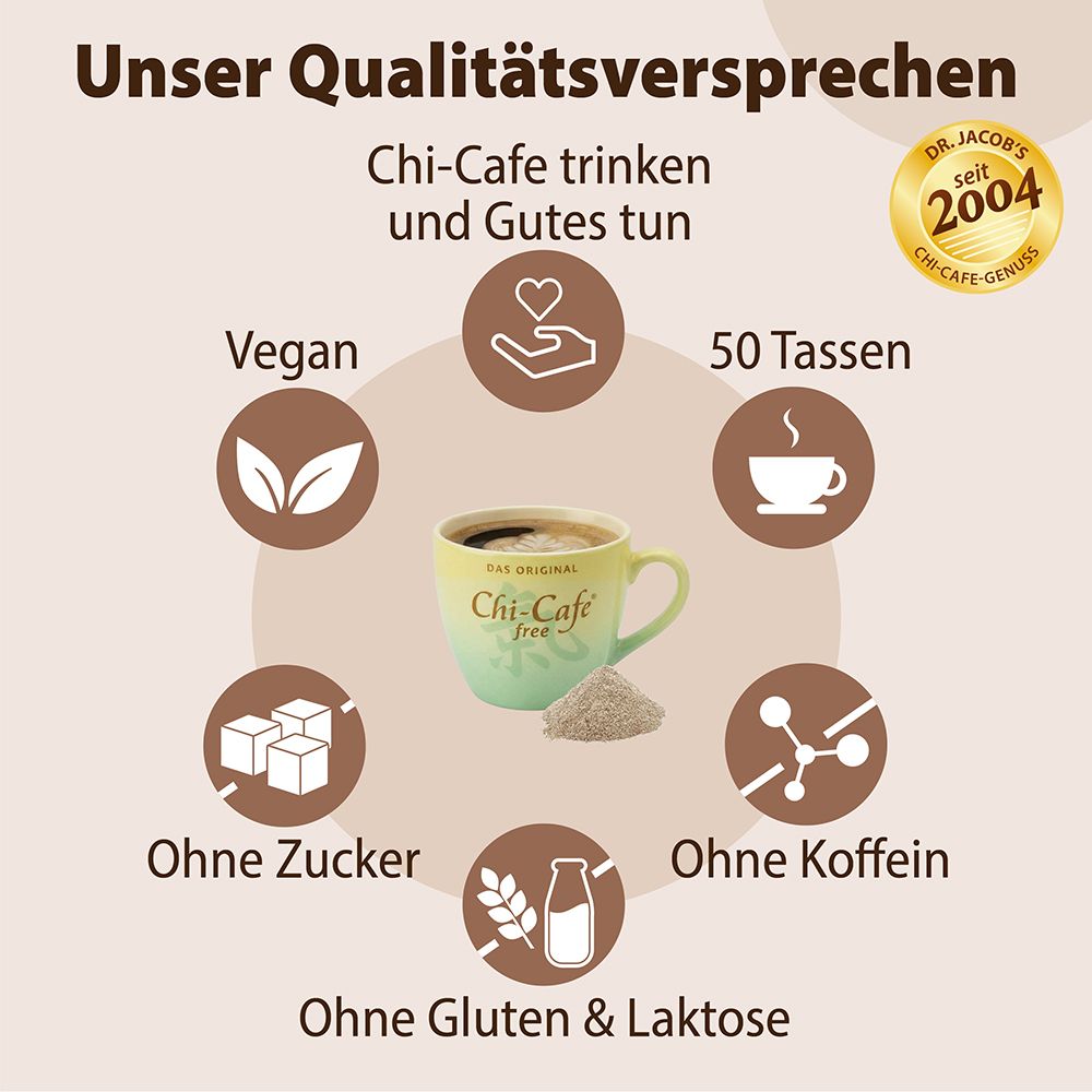 Tasse Chi-Cafe mit Symbolen für vegan, ohne Zucker, ohne Koffein, ohne Gluten & Laktose, 50 Tassen.