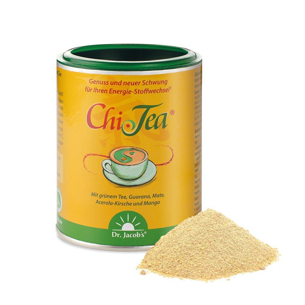 Gelbe Dose Chi-Tea mit grünem Deckel und Pulver daneben. Aufschrift: Chi-Tea, Dr. Jacob's. Abbildung einer Tasse Tee.