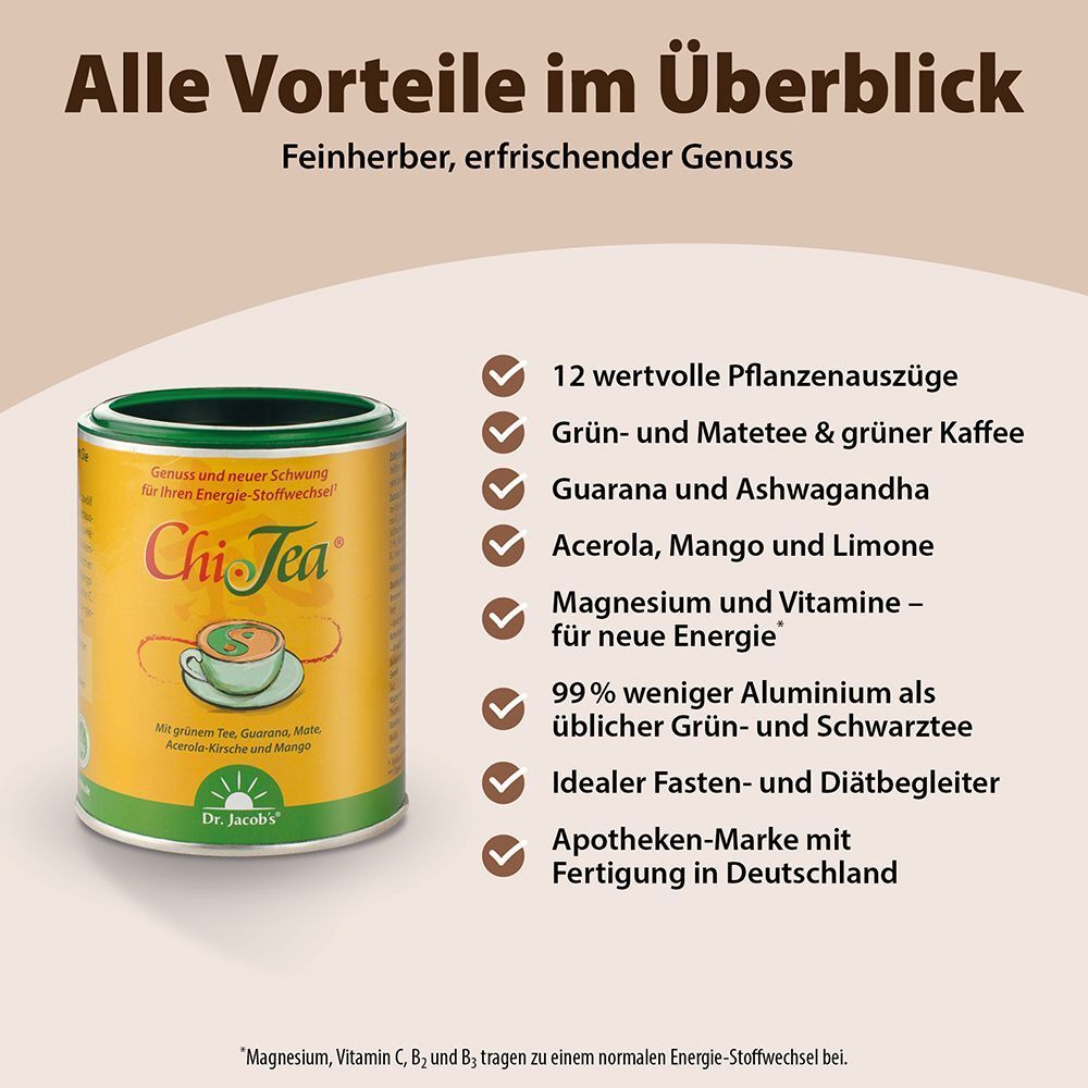 Werbetafel mit Dose Chi-Tea. Text: Alle Vorteile im Überblick. 12 Pflanzenextrakte, Grüntee, Mate, Guarana, Acerola, Magnesium.