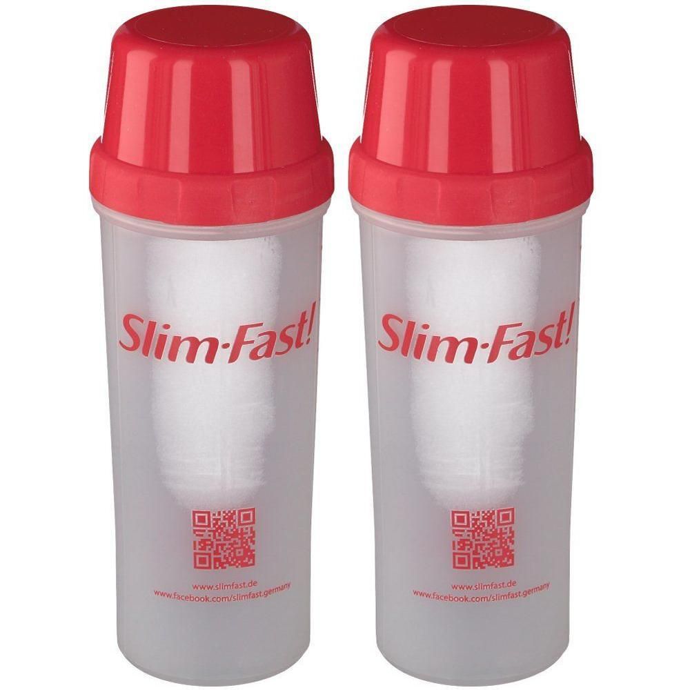 Zwei transparente Mixbecher mit rotem Deckel. Aufdruck: Slim-Fast! und QR-Code. Aufschrift auf dem Becher.