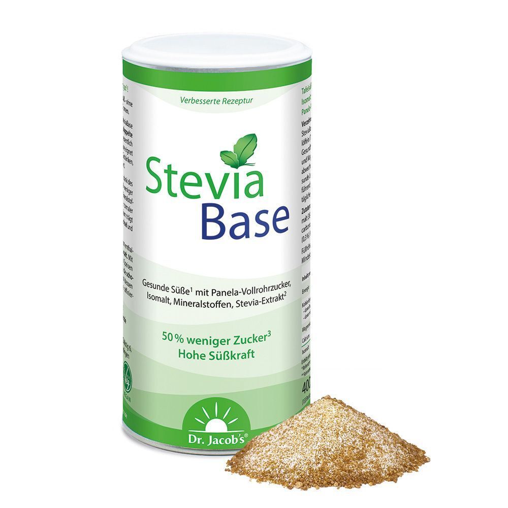Zylindrische Dose STEVIABASE, weiß, grün und blau. Aufschrift: Stevia Base, 50% weniger Zucker, Dr. Jacob's. Daneben braunes Pulver.