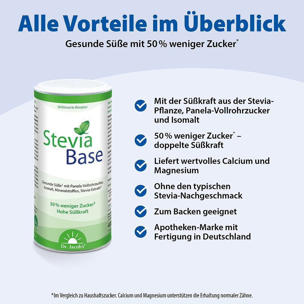 Dose STEVIABASE mit Text und Icons. Text: Gesunde Süße mit 50% weniger Zucker. Icons: Stevia, Calcium, Magnesium, Backen.