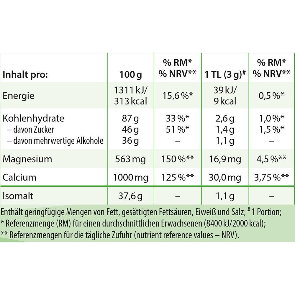 Nährwerttabelle. Angaben pro 100g und pro Portion (3g). Enthält Energie, Kohlenhydrate, Magnesium, Calcium, Isomalt.