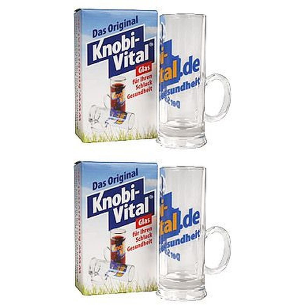 Zwei Packungen und zwei Gläser. Auf den Packungen steht "Knobi-Vital Glas". Auf den Gläsern steht "vital.de".