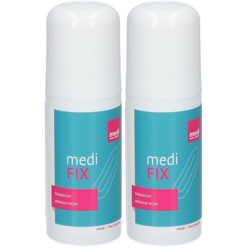 Zwei weiße Flaschen mit blauen und pinkfarbenen Etiketten. Auf den Etiketten steht "medi FIX Klebelotion".