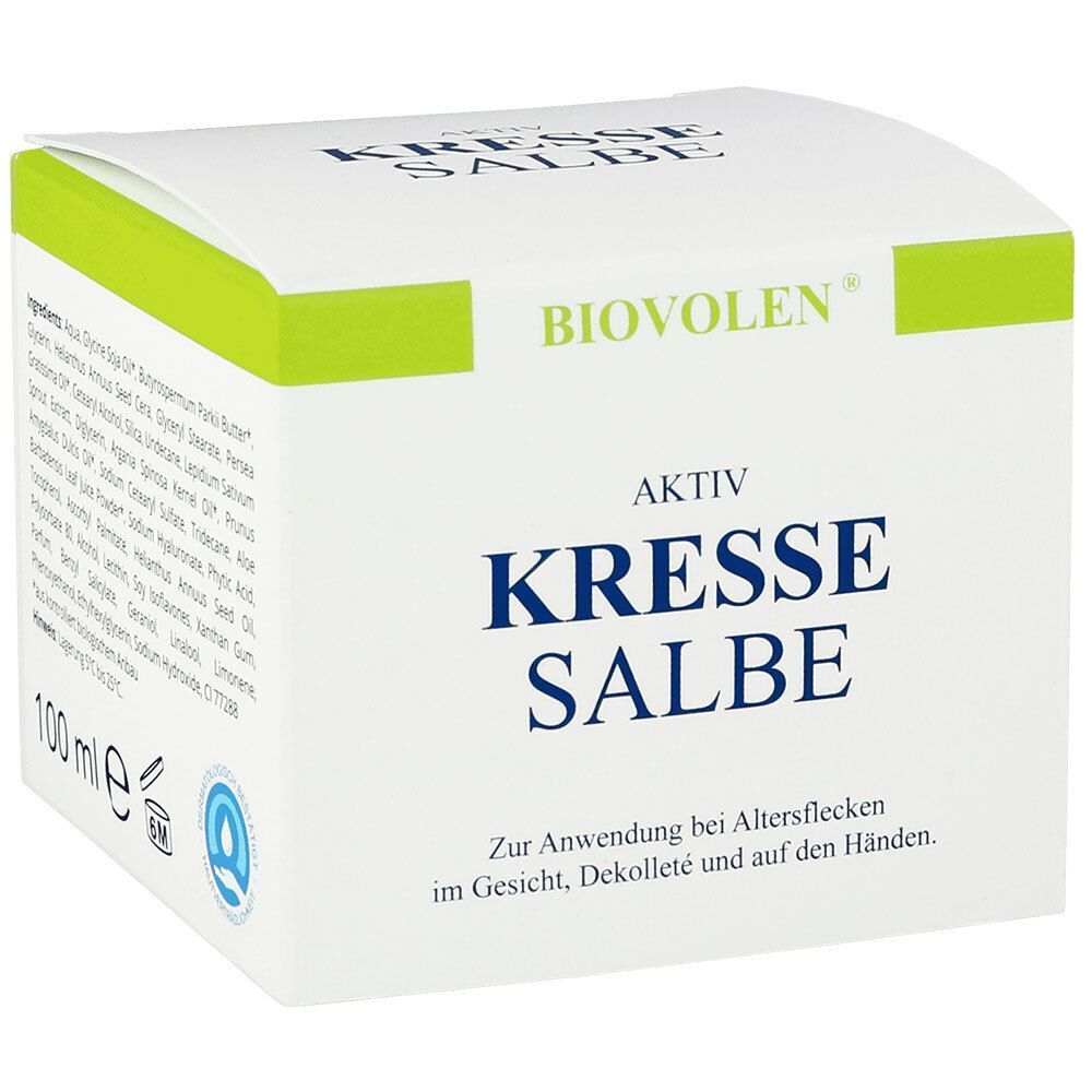 Weißer Karton mit grünem Akzent. Aufschrift Kresse Salbe. BIOVOLEN-Logo. Text: Zur Anwendung bei Altersflecken.