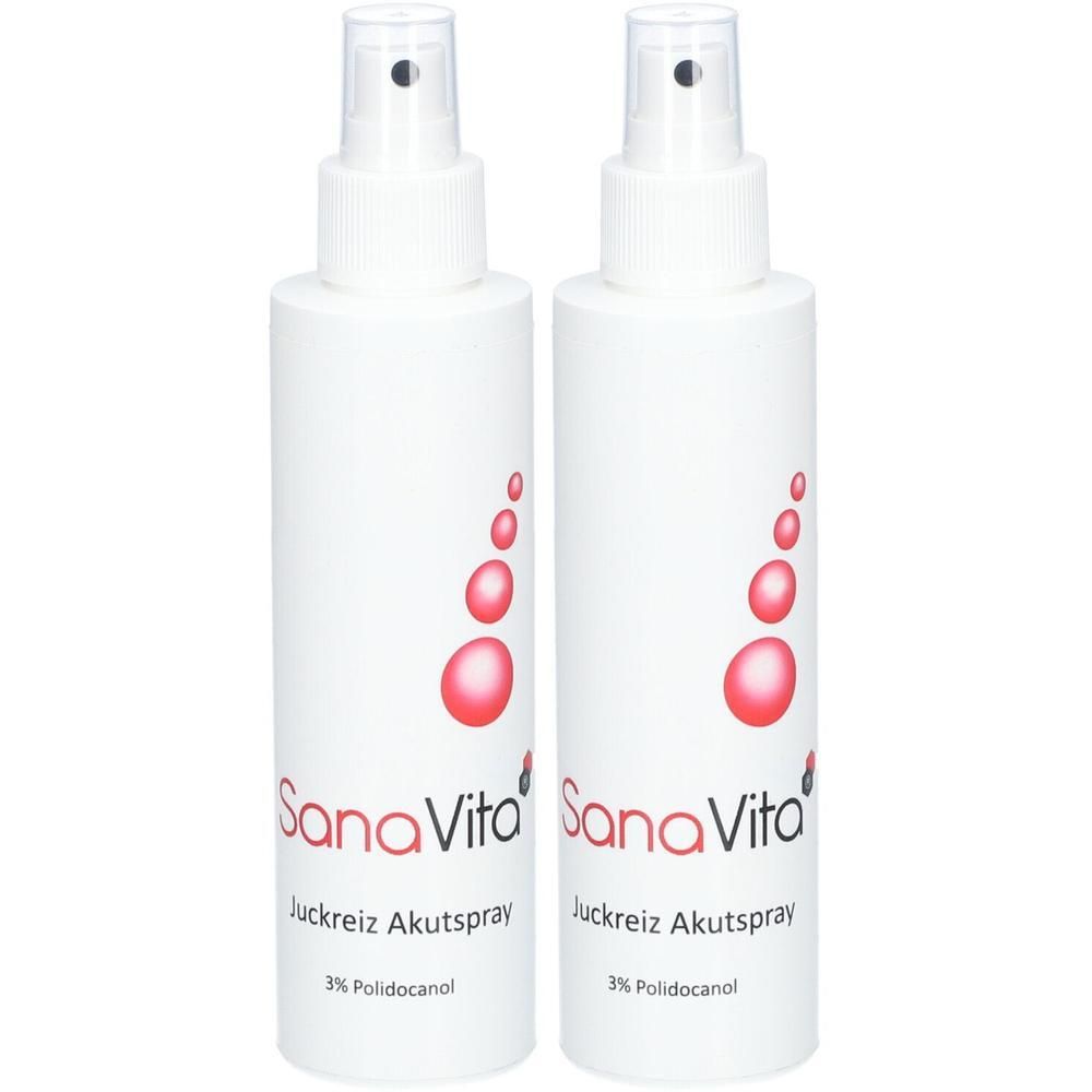 Zwei weiße Sprühflaschen mit roter Beschriftung. Aufschrift: SanaVita Juckreiz Akutspray, 3% Polidocanol. Klare Sprühköpfe.
