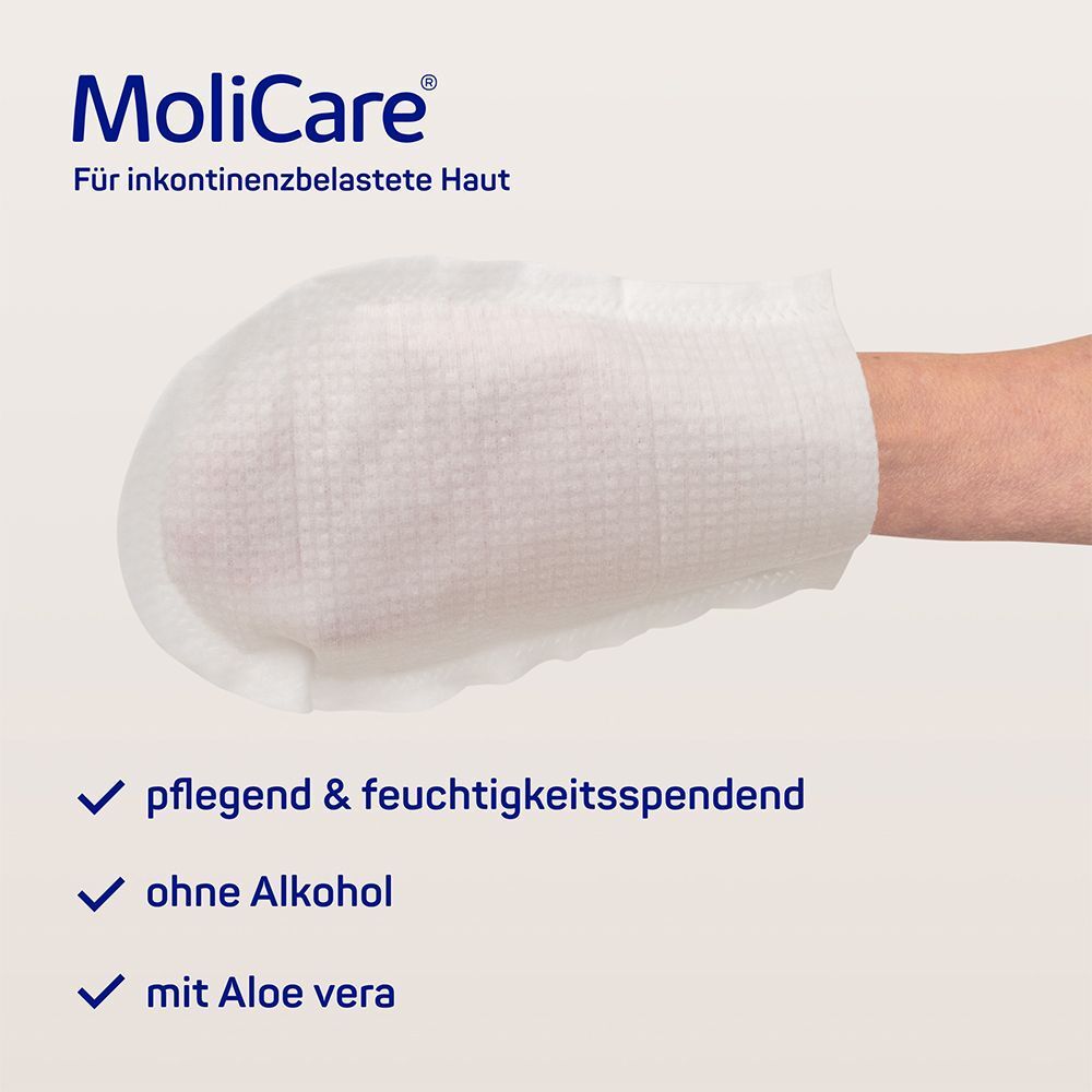 Hand mit weißem Waschhandschuh. Text: "pflegend & feuchtigkeitsspendend", "ohne Alkohol", "mit Aloe vera".